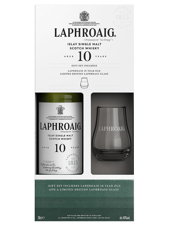 Laphroaig 10 Year Old Single Malt Scotch Whisky 700mL + Glass Gift
