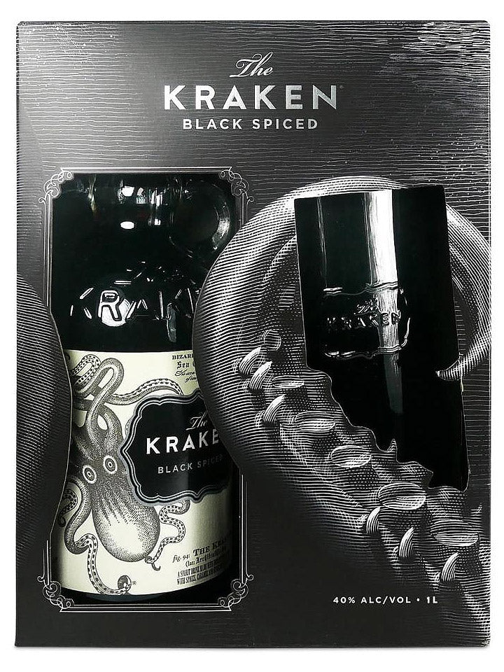 Kraken Black Spiced Rum 1L + Smoked Highball Glass Gift Pack