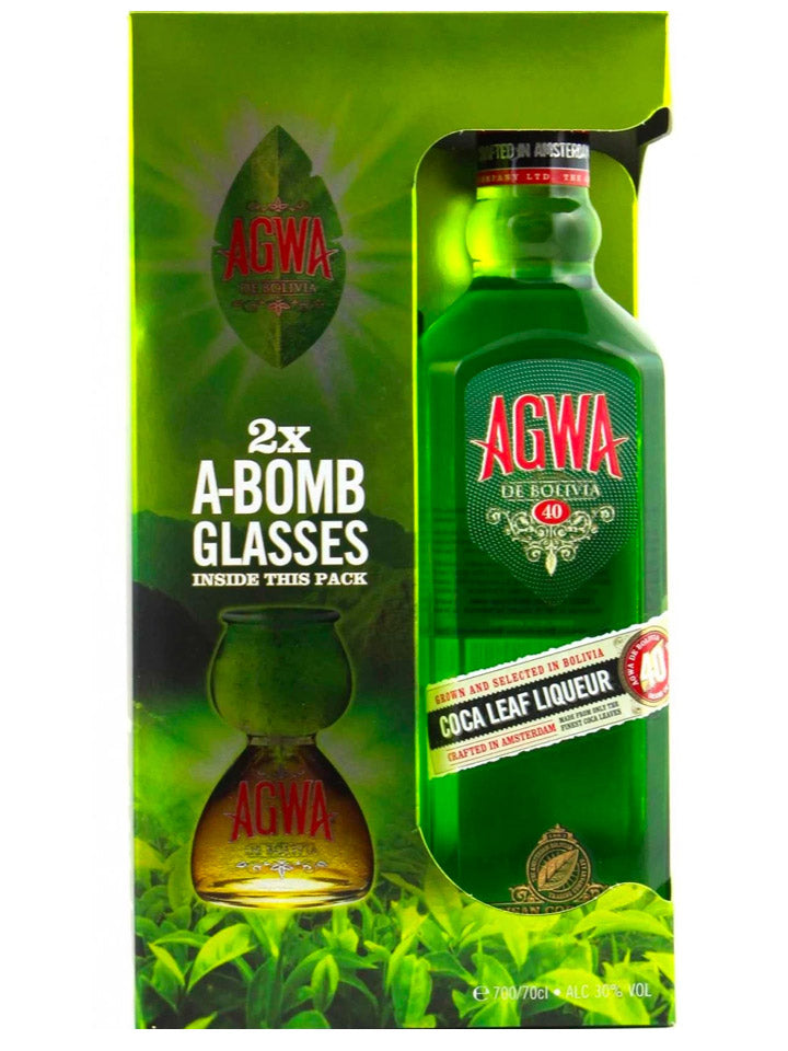 Agwa De Bolivia + 2 A-Bomb Glasses Gift Pack Coca Leaf Liqueur 700mL