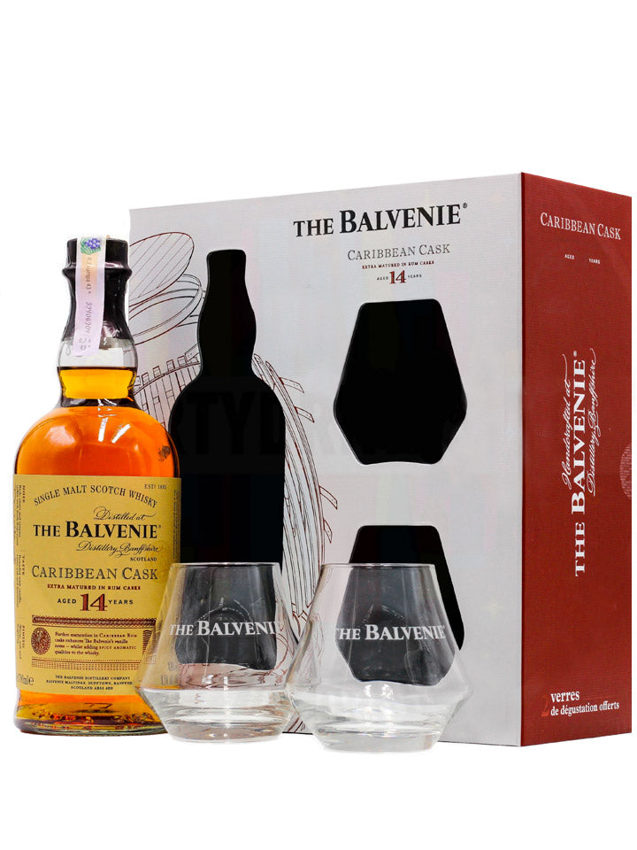 Balvenie 14 Year Old Carribean Cask + 2 Glasses Gift Set Single Malt Scotch Whisky 700mL
