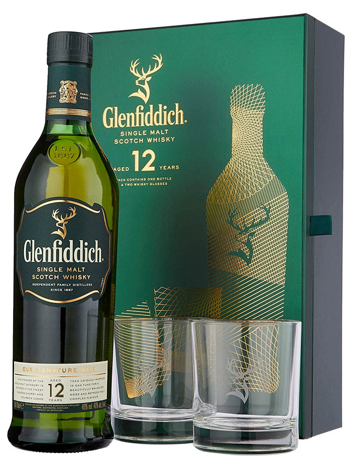 Glenfiddich 12 Year Old + 2 Glasses Gift Pack Single Malt Scotch Whisky 700mL