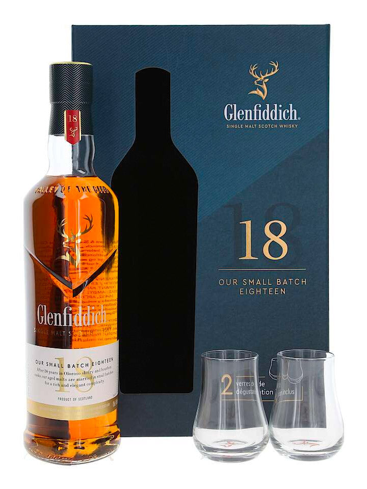Glenfiddich 18 Year Old Small Batch + 2 Glasses Single Malt Scotch Whisky 700mL