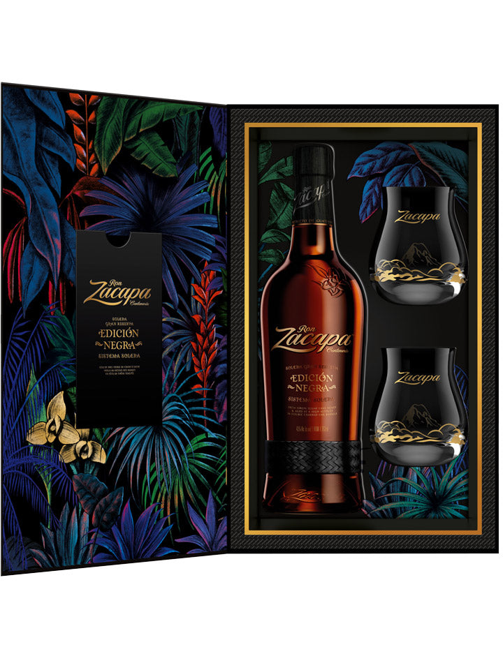 Zacapa Centenario Edicion Negra Sistema Solera Gran Reserva Rum + 2 Glasses Gift Pack 700mL